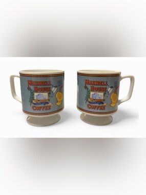 Vintage 1970's Pedestal Advertising Maxwell House Coffee Mugs Cups Set of 2
